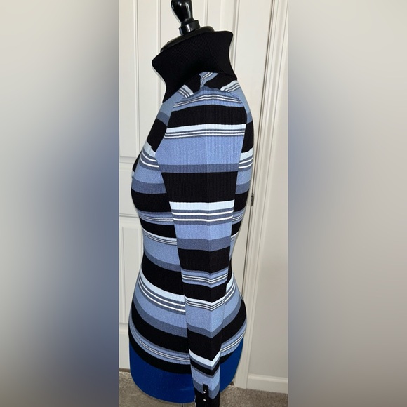White House Black Market Striped Ribbed Black and Blue Long Sleeve Turtleneck - Picture 3 of 7